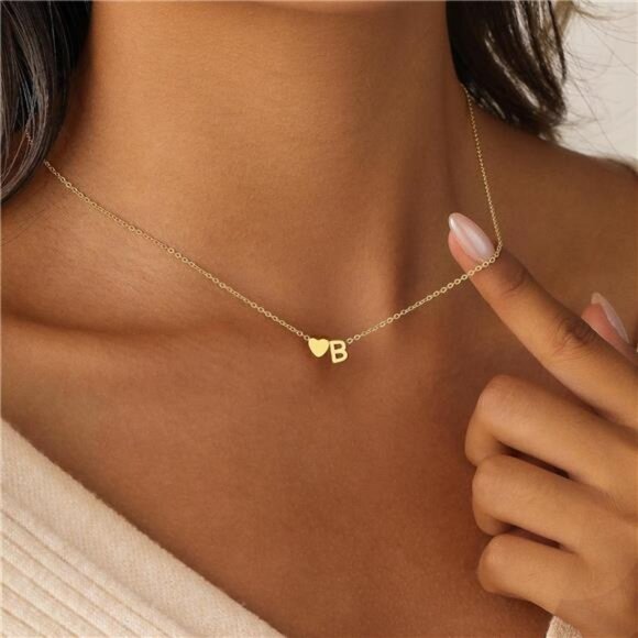 Gold Heart Initial Necklace 14K Gold Plated Letter Pendant Dainty Jewelry Gift - Picture 3 of 8